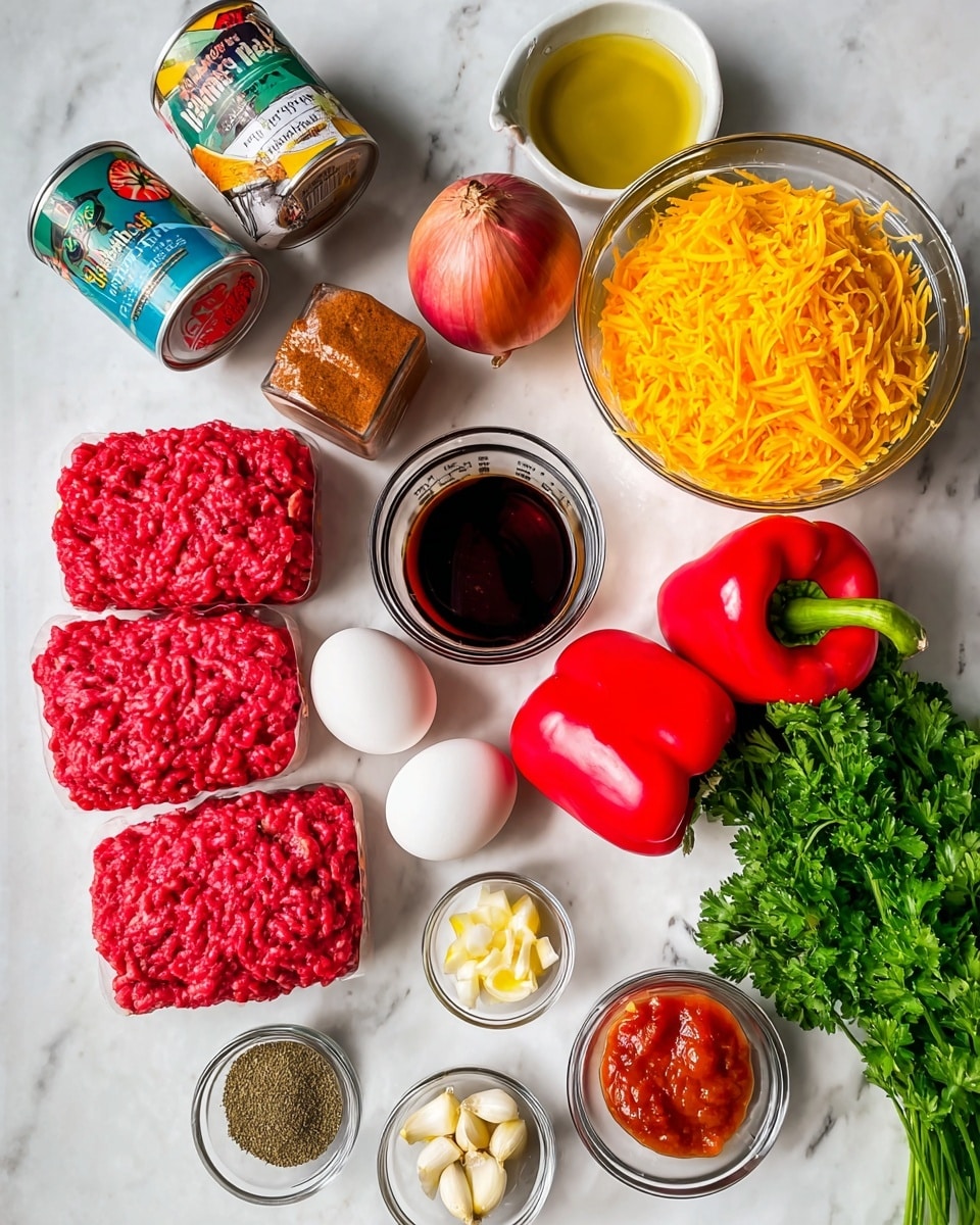 The image shows cooking ingredients laid out on a white marbled surface, ready for making a dish. In the center are three packs of bright red ground beef and a large shiny red onion beside two white eggs. To the right, two shiny red bell peppers and a bunch of fresh green parsley add color. Above these, a clear bowl filled with yellow shredded cheese sits near a measuring cup with dark brown liquid, a honey-colored liquid in a small glass bowl, and a small bowl of clear yellow oil. On the left side, there is a can of diced tomatoes, a bowl with smooth brown paste, and small glass bowls with various spices – green dried herbs, brown powder, and red powder. Closer to the bottom left, small bowls hold garlic cloves and creamy yellow mustard. The setup is neat and colorful with clean, bright lighting. Photo taken with an iphone --ar 4:5 --v 7