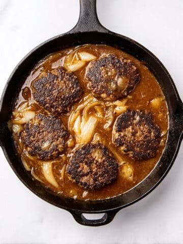 Hearty Chopped Steaks with Onion Jus and Mashed Potatoes Recipe
