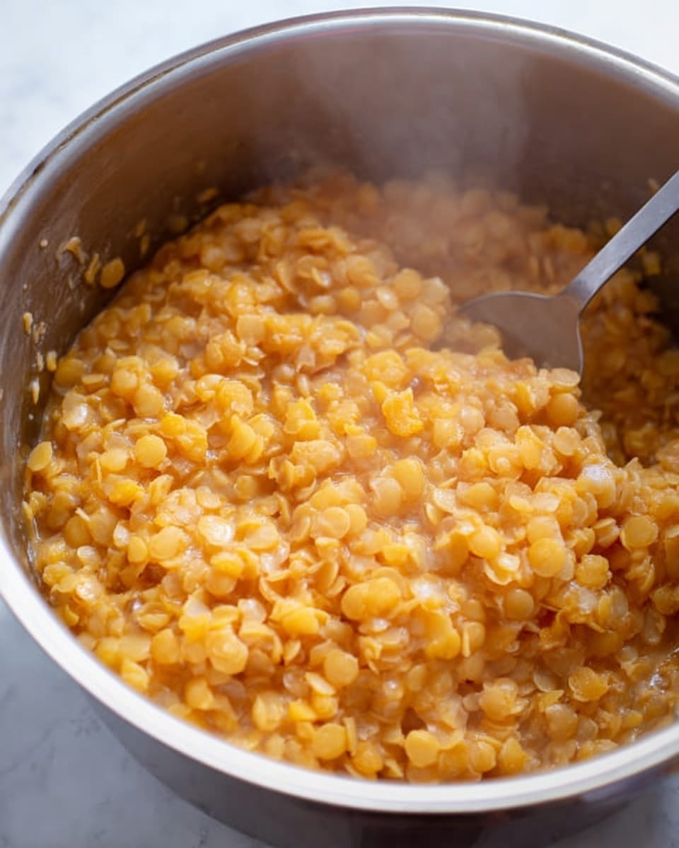 A close-up image showing a large silver pot filled with cooked orange lentils. The lentils are soft and have a slightly broken texture, resting in a bit of clear cooking water that is steaming. A metal spoon is partially immersed in the pot, stirring the lentils. The background features a white marbled surface. photo taken with an iphone --ar 4:5 --v 7