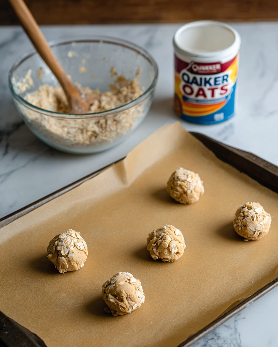The image shows a baking tray lined with light brown parchment paper holding six uneven pale beige cookie dough balls spaced out evenly across the sheet. The dough balls are slightly rough with small oat flakes inside, giving them a textured look. Behind the tray, a clear glass mixing bowl contains more dough remnants with a wooden spoon inside it, and next to the bowl is a white cylindrical Quaker Oats container with a colorful label. The setting is on a white marbled surface. photo taken with an iphone --ar 4:5 --v 7