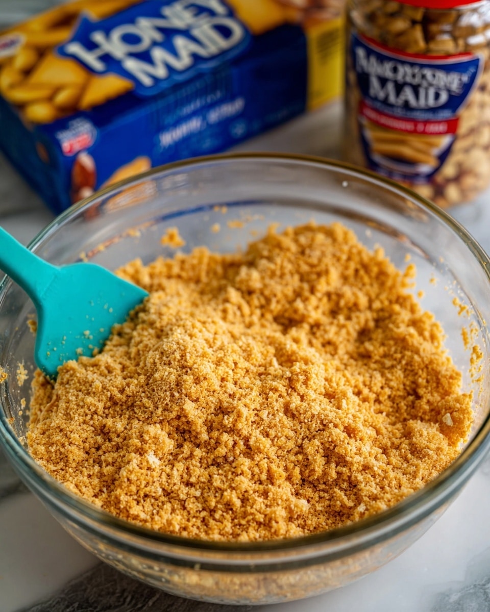 A clear glass bowl filled with light golden brown, crumbly crushed crackers, showing a rough texture with small and larger pieces mixed together. A teal spatula is partially inserted into the crumbs on the left side of the bowl. Behind the bowl, slightly blurred, is a blue and yellow box of Honey Maid graham crackers and a clear jar with a red and blue label of peanuts, all placed on a white marbled surface. photo taken with an iphone --ar 4:5 --v 7