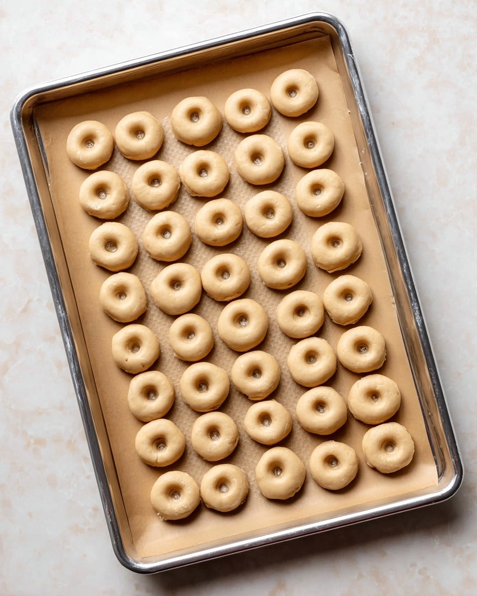A silver baking tray lined with light brown parchment paper holds 36 small, round, pale dough pieces, each with a shallow circular well pressed into the center. The dough pieces are neatly arranged in rows, evenly spaced, and have smooth textures with slight indentations inside the wells. The tray rests on a white marbled surface. photo taken with an iphone --ar 4:5 --v 7