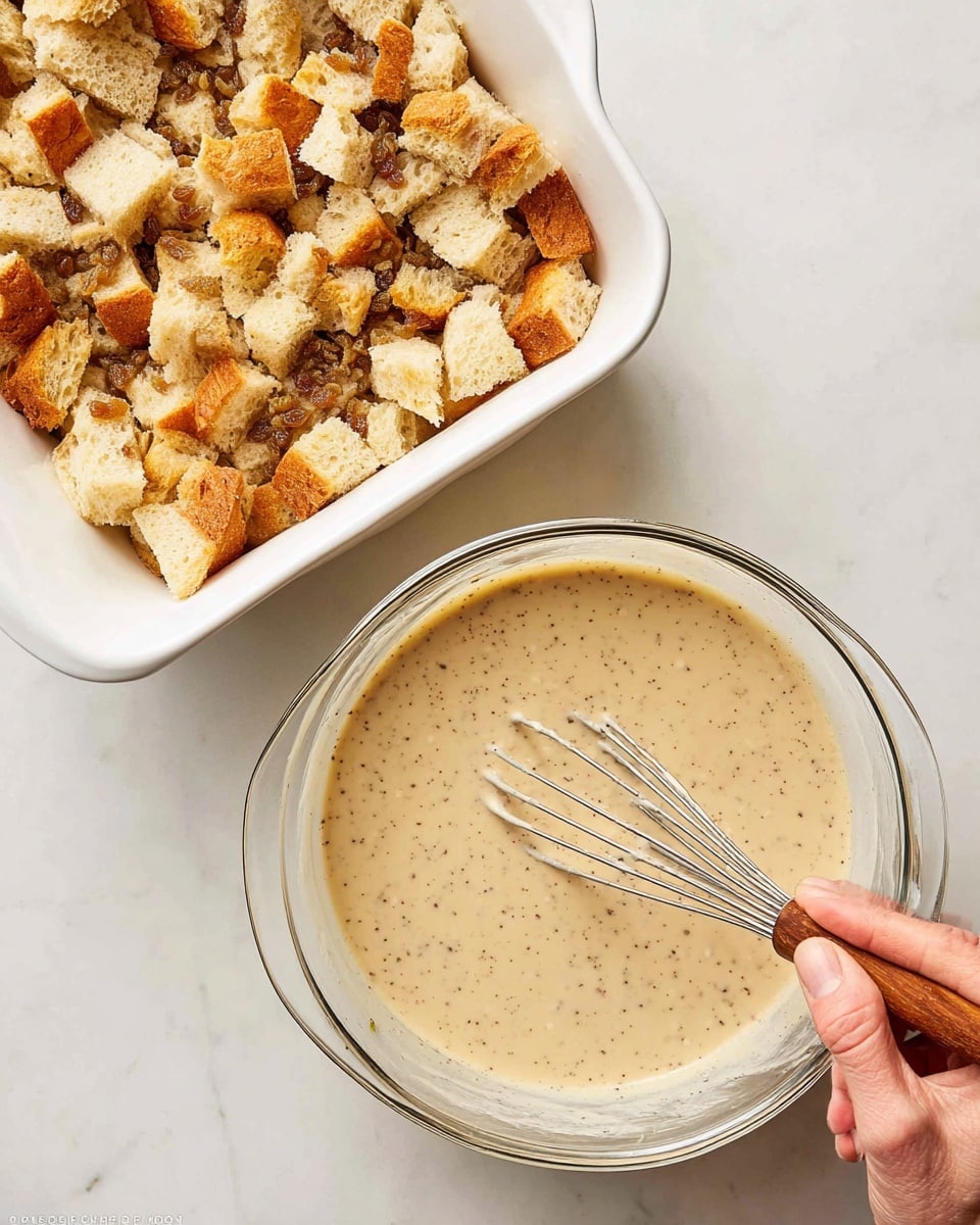 A clear glass bowl is held by a woman's hand, with a wooden-handled whisk mixing a light beige liquid filled with dark brown specks inside. Next to it on the white marbled surface is a white baking dish filled with chunky pieces of light golden-brown bread and scattered light golden raisins. The scene shows the preparation stage of a bread pudding or similar dessert. Photo taken with an iphone --ar 4:5 --v 7
