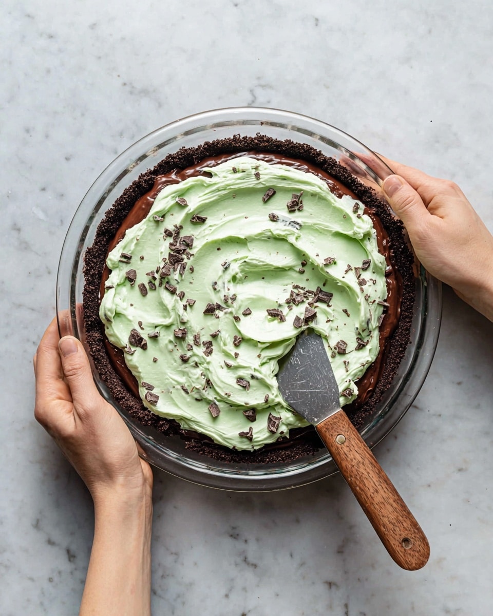 The image shows a clear glass pie dish with a dark brown chocolate crust lining the bottom and sides. On top of the crust, there is a thick, light green creamy layer with small dark chocolate chunks mixed in. A woman's hand is spreading the green mixture evenly using a spatula with a wooden handle, while the other woman's hand holds the pie dish steady. The dish is placed on a white marbled surface. Photo taken with an iphone --ar 4:5 --v 7