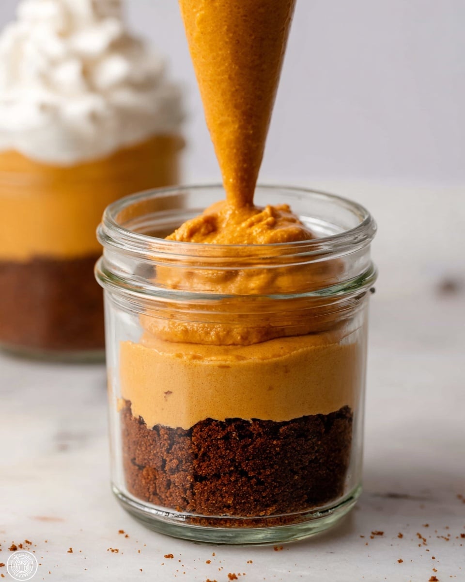 The image shows a small clear glass jar filled with two visible layers of dessert. The bottom layer is a crumbly, dark brown crust, and the top layer is a smooth, thick orange cream with tiny specks in it being piped into the jar with a piping bag. In the blurry background, there is another jar with the same dessert topped with a swirl of white cream. The jars are placed on a white marbled surface. photo taken with an iphone --ar 4:5 --v 7