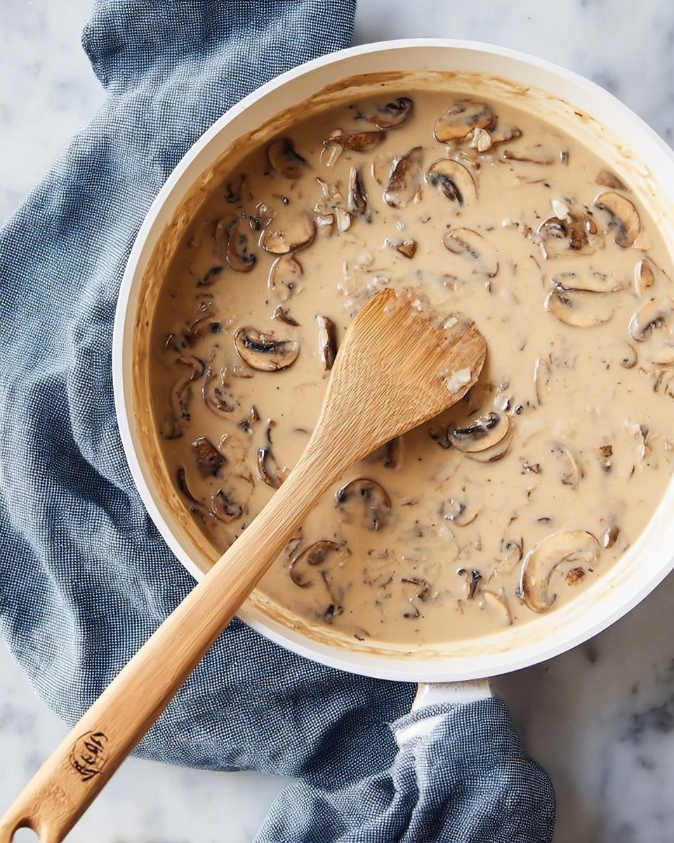 The image shows a white pan filled with creamy mushroom sauce, with visible sliced mushrooms mixed in the smooth, light brown sauce. A wooden spatula rests inside the pan, lying across the sauce with its handle extending out. Under the pan is a folded blue cloth or towel, placed on a white marbled surface that serves as the background. photo taken with an iphone --ar 4:5 --v 7