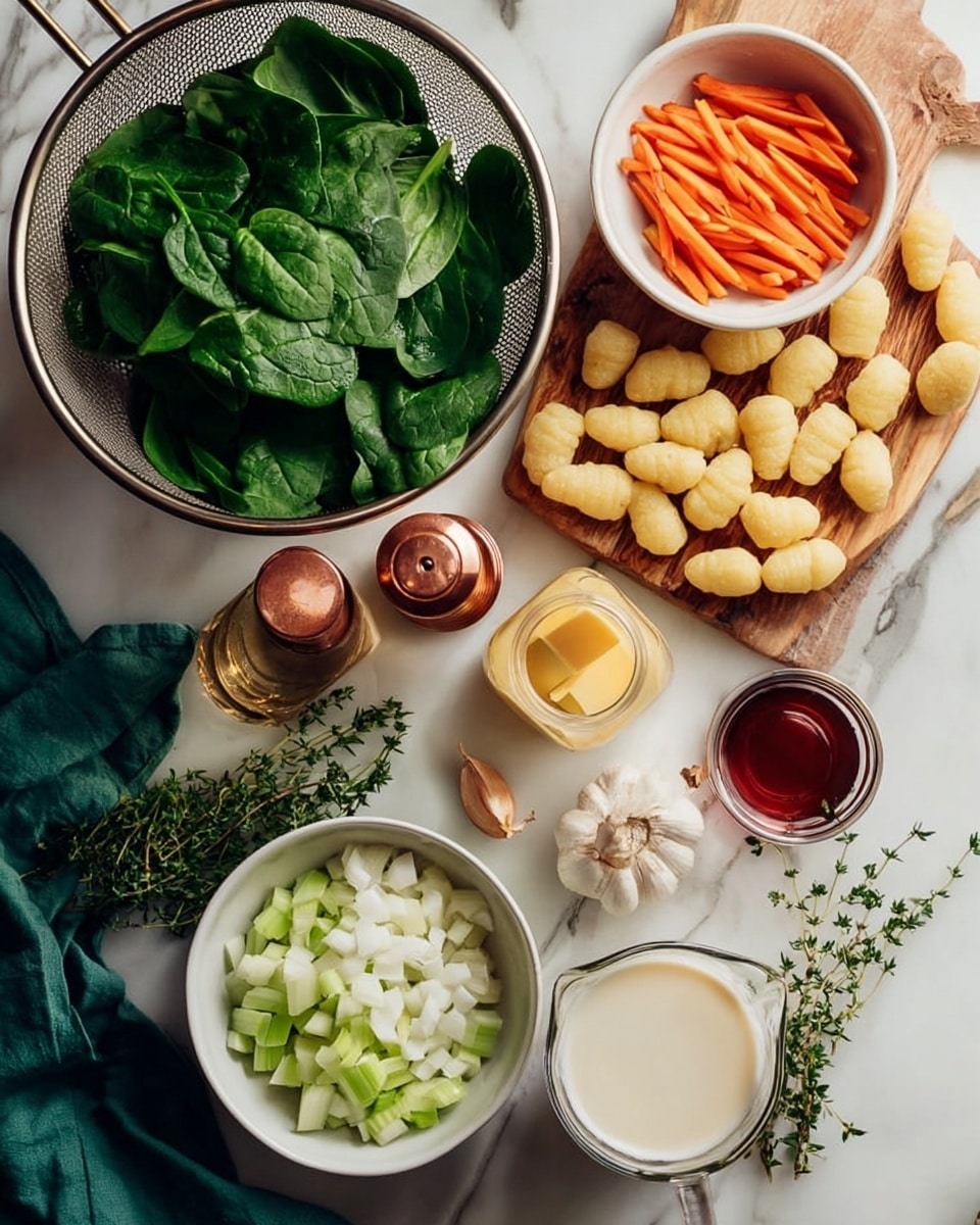 The image shows fresh cooking ingredients arranged neatly on a white marbled surface. In the top left, there is a metal colander filled with large green spinach leaves, and below it is a white bowl with thin, orange carrot sticks. Next to the colander and bowl, a wooden board holds light yellow gnocchi pieces scattered around a small glass bottle of clear oil, a copper pepper grinder, and a garlic bulb with separated cloves. To the right of the board, a clear glass cup contains a dark reddish-brown liquid, while a white bowl below it holds creamy white milk. In the bottom center, a white bowl is filled with diced white onions and light green celery pieces. A small bunch of fresh green thyme lies next to a small glass jar of smooth yellow mustard. A dark green cloth napkin is placed under the carrot bowl on the left side. The photo taken with an iphone --ar 4:5 --v 7
