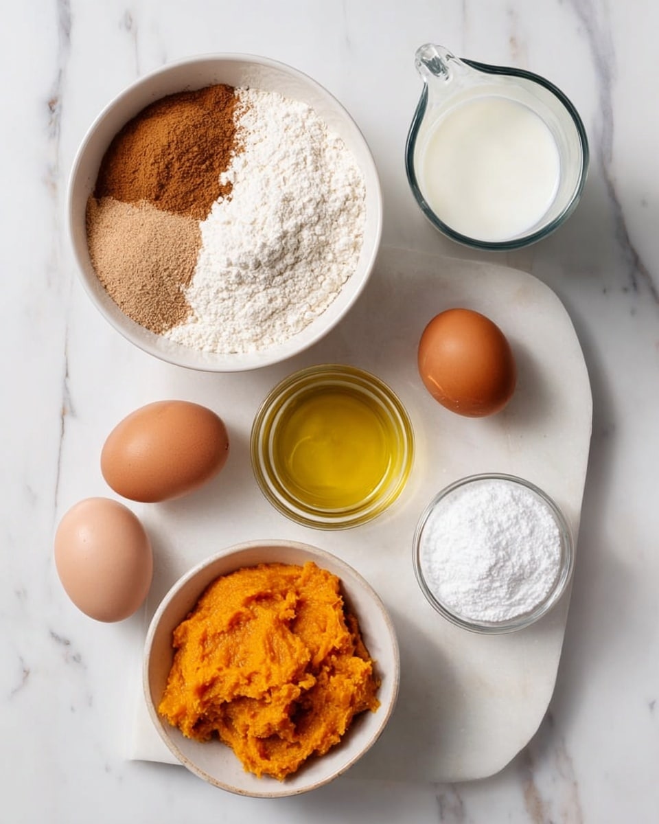 The image shows a white bowl with dry ingredients divided into four sections: light brown flour, white sugar, cinnamon, and another brown spice, all on a white marbled surface. Nearby, there is a small white bowl filled with bright orange pumpkin puree, a clear glass measuring cup with white milk, a small clear bowl of yellow oil, a tiny white bowl with light brown liquid vanilla, two brown eggs, and a white measuring cup filled with white sugar. The setup is neat and bright, with all items arranged separately on the white marbled surface photo taken with an iphone --ar 4:5 --v 7