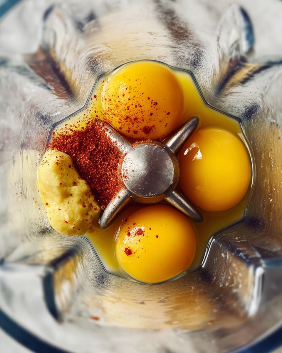 The image shows the inside of a blender with three bright yellow egg yolks at the bottom, paired with a dollop of pale yellow mustard and a sprinkle of reddish-brown spice on top, all sitting around the silver sharp blender blades in the center. The blender container has a clear, smooth surface with measurement markings faintly visible. The image is focused closely on the ingredients inside the blender, emphasizing the glossy texture of the yolks and the slightly grainy texture of the spices and mustard, with light reflecting off the metal blades. The background is a white marbled texture. photo taken with an iphone --ar 4:5 --v 7