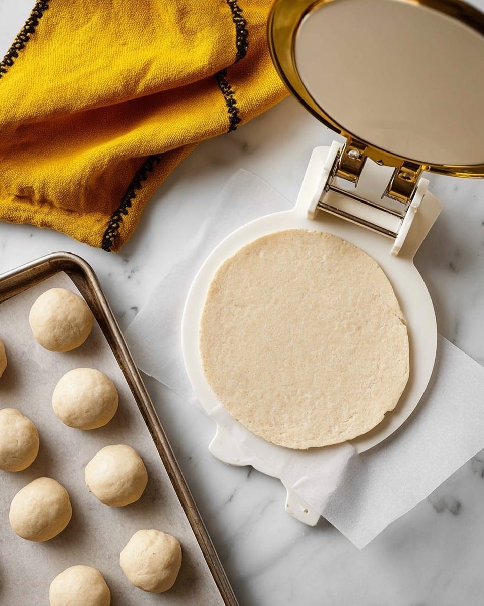 The image shows a white tortilla press holding a single flattened pale beige dough circle, placed on a white parchment paper. To the left, a metal tray holds several small round dough balls, all smooth and pale beige in color, ready to be pressed. A bright mustard yellow cloth with dark stitched edges is partly visible in the top left corner. The whole scene sits on a white marbled surface, creating a clean and simple background. photo taken with an iphone --ar 4:5 --v 7