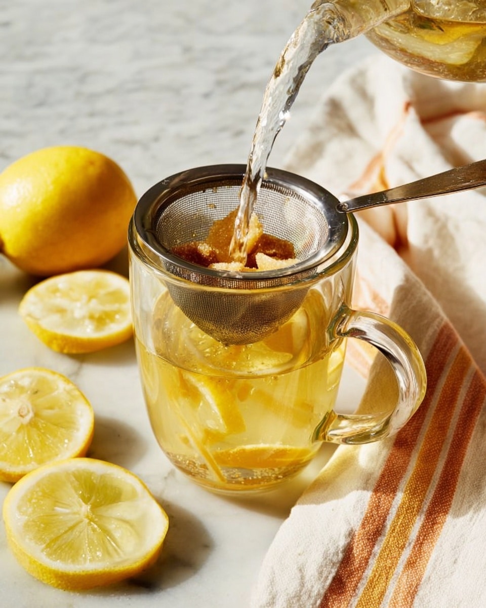 The image shows a clear glass cup filled with light golden tea. A metal strainer with sliced brown sugar pieces is placed on top of the cup, with clear hot water being poured through it into the cup. Around the cup, there are yellow lemon slices on a white marbled surface and a cloth with orange and beige stripes to the right. The scene has a clean and fresh look with bright natural light. photo taken with an iphone --ar 4:5 --v 7