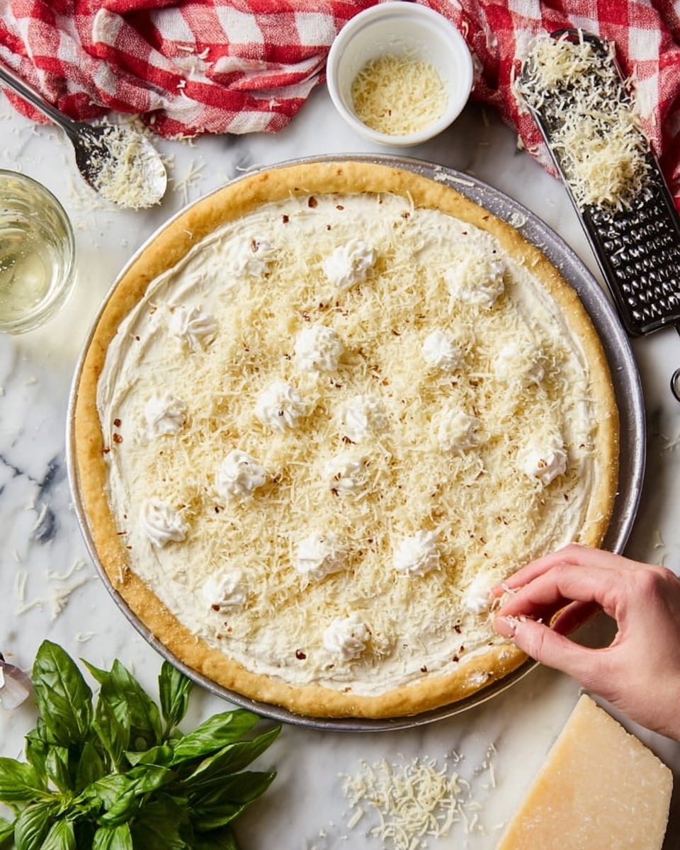 A round pizza on a metal tray sits on a white marbled surface. The pizza has a thick, light golden crust with an even layer of creamy white sauce spread across the entire base. Dollops of soft white cheese are scattered on top, with a fine layer of shredded pale yellow cheese sprinkled all over. A woman's hand is visible in the lower right corner, lightly sprinkling the shredded cheese onto the pizza. Around the tray, there is a small white bowl with a spoon, a glass container with clear liquid, a red and white checkered cloth, fresh green basil leaves, a large piece of grated cheese on a black grater, and a metal pizza cutter. Photo taken with an iphone --ar 4:5 --v 7
