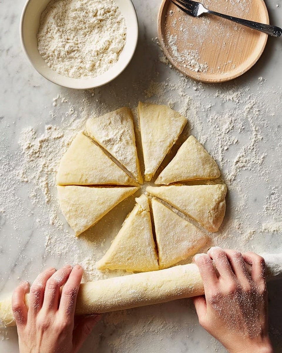 A white marbled surface dusted with flour holds a round dough divided into eight triangular pieces, with one piece slightly pulled away. Above the dough, a white bowl filled with flour and a fork rests, next to a wooden plate dusted with flour. Below, a pair of woman's hands roll a long, cylindrical piece of dough, also dusted with flour, adding texture and a sense of motion to the scene. The colors are soft yellows and whites, highlighting the raw texture of the dough and flour. Photo taken with an iphone --ar 4:5 --v 7