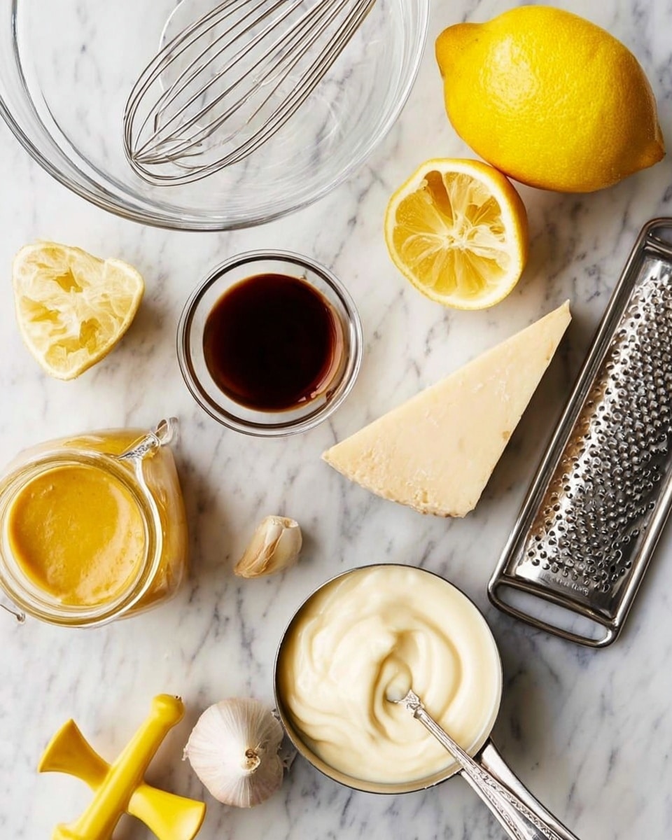 A white marbled surface holds various items for cooking: a clear empty glass bowl with a metal whisk inside it in the top left, two halves of a yellow lemon and a whole lemon next to it, a small clear bowl filled with dark liquid below the lemons, and a jar of yellow mustard with a metal spoon inside placed near the center. To the right of the jar is a metal grater leaning on a solid wedge of pale yellow cheese, with a pale garlic clove just behind the grater. At the bottom left corner, there is a yellow lemon press with no lemons inside, and to the bottom right, a small metal pan with thick, creamy white sauce inside, its handle extending out of the frame. Photo taken with an iphone --ar 4:5 --v 7