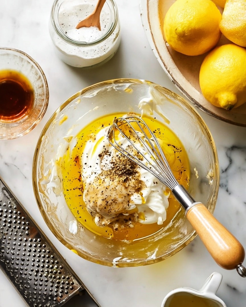 A clear glass bowl sits on a white marbled surface, filled with several layers of ingredients ready for mixing. At the bottom is a golden yellow liquid layer, likely olive oil, topped with a thick white creamy layer, then a dollop of light brown mustard. Over the top, scattered cracked black pepper adds texture and contrast. A metal whisk with a wooden handle is in the bowl, partially submerged in the layers. To the side, there is a white jar with a spoon inside, a black grater with white grated bits, a yellow lemon squeezer, and two whole lemons in the background. A small clear dish with a dark liquid is partially visible on the left. The overall scene feels bright and fresh, with a focus on the mixing bowl. photo taken with an iphone --ar 4:5 --v 7