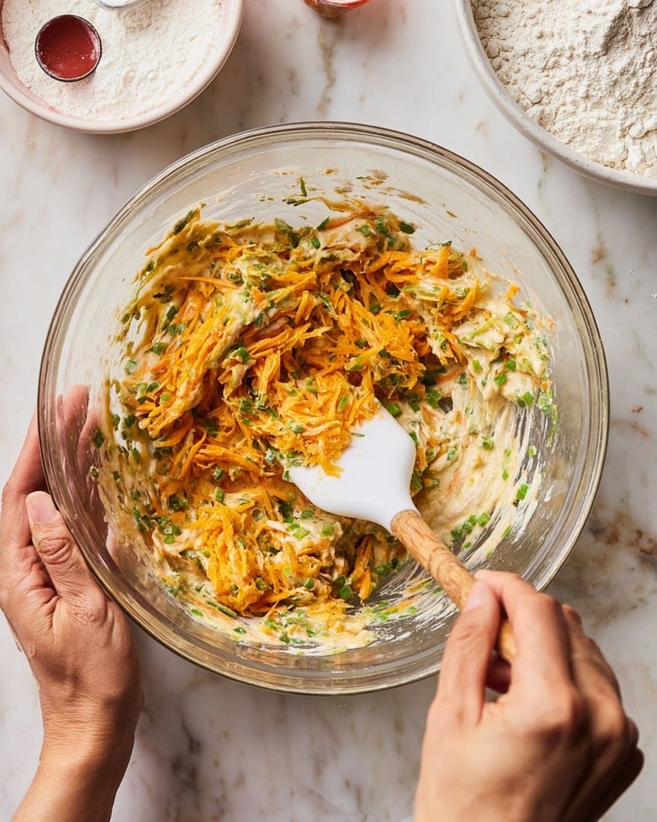 A clear glass bowl sitting on a white marbled surface contains a colorful mix of ingredients being stirred by a woman's hand holding a white spatula with a wooden handle. The mixture has two main visible layers: a creamy, light beige base and vibrant shredded orange pieces evenly distributed throughout. There are also chopped green herbs and small pieces of green vegetables spread throughout the mixture, giving a fresh, textured look. The bowl is held steady by a second woman's hand on the left side of the image. Nearby, there is a white bowl filled with white flour and a small container with a red lid partially visible. Photo taken with an iphone --ar 4:5 --v 7