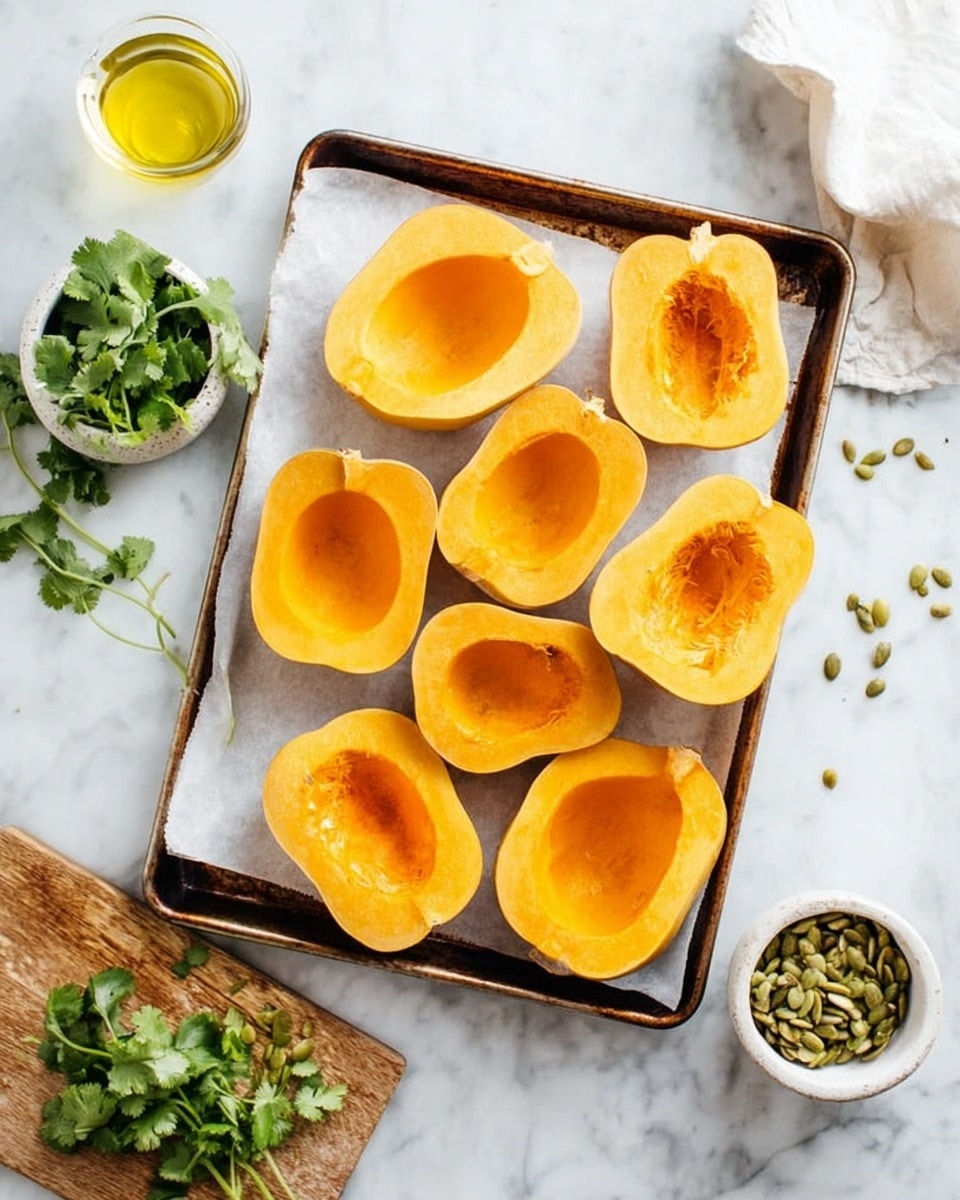 The image shows a white baking tray lined with parchment paper on a white marbled surface. On the tray, there are eight halves of bright orange squash with a smooth texture, the seeds and soft pulp scooped out, exposing a hollow center on each half. To the top right of the tray, there is a small clear glass container with yellow oil. In the top left and bottom right corners, two small white bowls hold green pumpkin seeds. A wooden board with fresh green cilantro lies at the bottom left, with some cilantro scattered on the white marbled surface. The scene is lit softly, highlighting the warm colors of the squash and the fresh greens. photo taken with an iphone --ar 4:5 --v 7