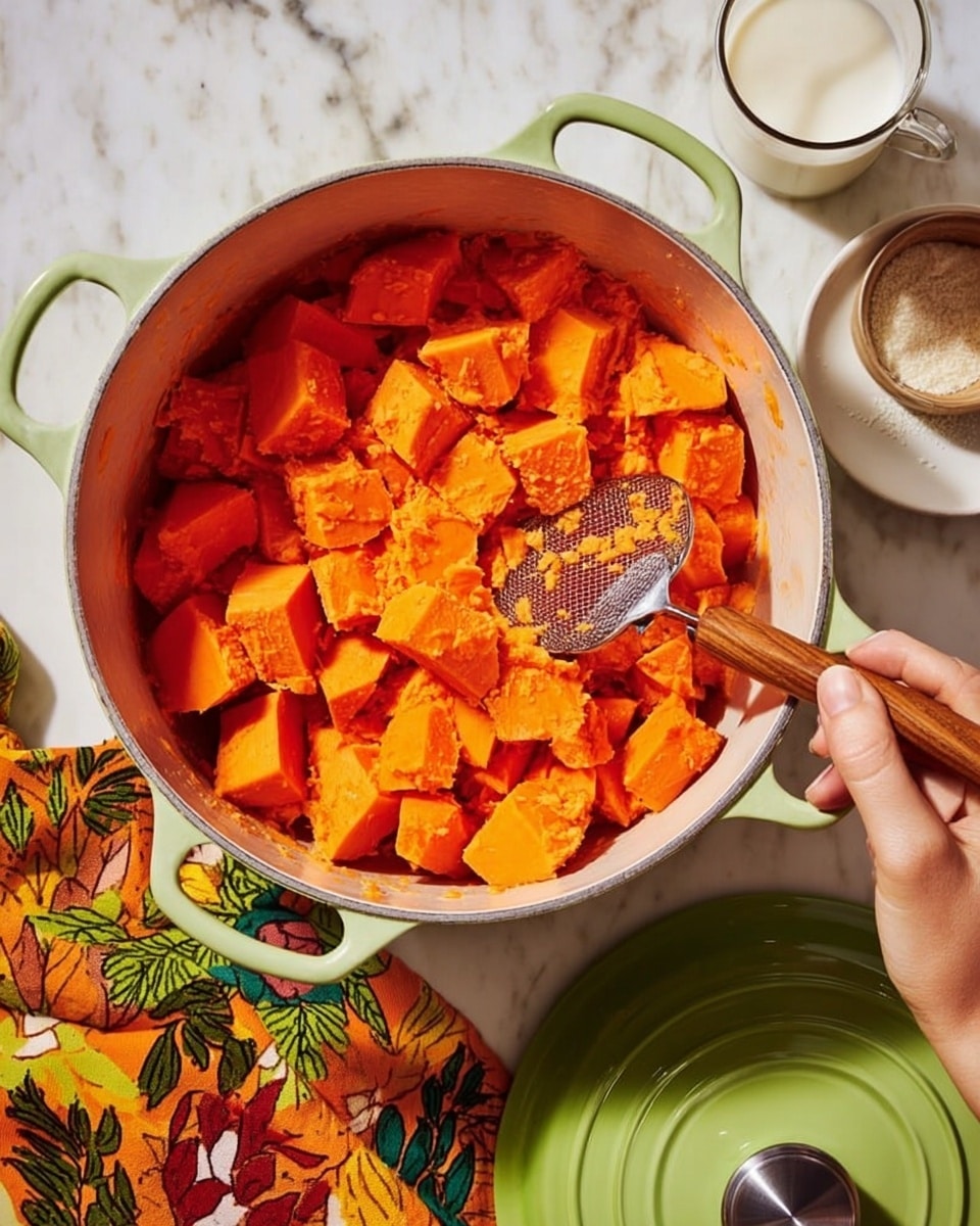 A white pot with light green handles is filled with bright orange chunks and mashed pieces of cooked sweet potatoes. A woman's hand is holding the pot steady from the side, while another woman's hand is using a metal masher with a wooden handle to mash the sweet potatoes in the center. The pot sits on a white marbled surface with a colorful cloth featuring orange, yellow, and green leaf patterns beside it. Near the pot, there is a clear glass cup with milk and a matching green lid with a silver knob placed on the surface. Photo taken with an iphone --ar 4:5 --v 7