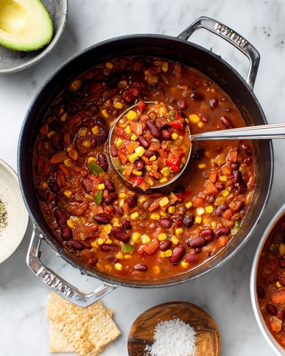 A large black pot filled with thick chili showing many layers of cooked beans in dark red, light pink, and brown, mixed with bright yellow corn and small pieces of red and green peppers, all sitting in a rich red sauce. A silver ladle inside the pot holds a portion of the chili, showing the chunky texture and mix of ingredients. Around the pot, on a white marbled surface, there is a gray bowl with a silver spoon inside, a half avocado, a light-colored cracker, a small wooden bowl with white salt in the middle, and part of a white bowl with chili at the bottom right. Photo taken with an iphone --ar 4:5 --v 7