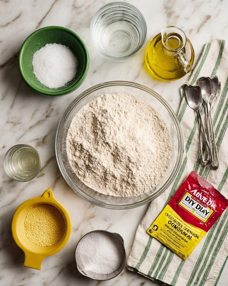 The image shows a top view of baking ingredients on a white marbled surface. In the center is a large clear glass bowl filled with light beige flour. Surrounding it are various smaller containers: a green bowl on the top left with white coarse salt, a small glass jar with golden olive oil above the flour bowl, a clear glass measuring cup with water on the bottom left, a yellow measuring cup with a light yellow ingredient, likely cornmeal, below the flour bowl, and a small clear glass bowl filled with white granulated sugar beneath the flour bowl. A packet of red, yellow, and white yeast labeled
