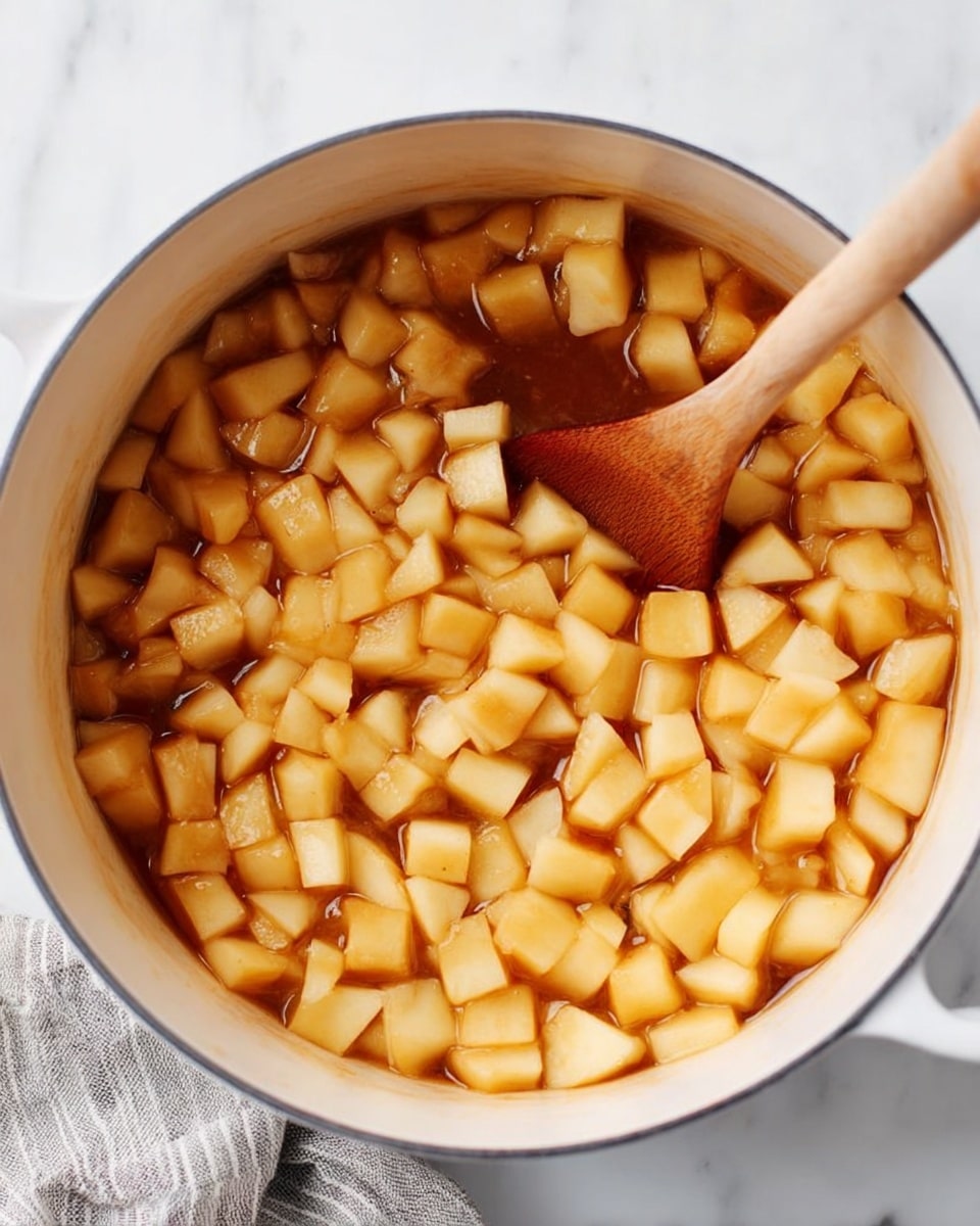 Inside a white pot, there are many small cubes of cooked apples with a light yellow color mixed with light brown syrup. A wooden spoon with warm color mixes the fruit gently from the right side, with part of the spoon submerged in the syrup. The pot is placed on a white marbled surface with a soft gray and light brown striped cloth visible at the lower-left corner. photo taken with an iphone --ar 4:5 --v 7