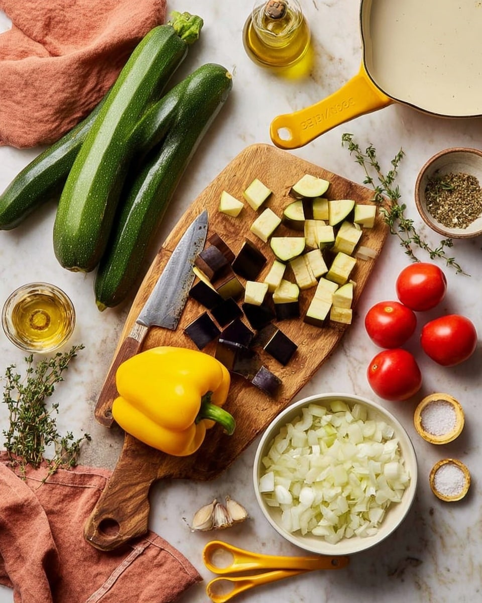 The image shows a wooden cutting board with chopped vegetables and a knife on a white marbled surface. There are two whole green zucchinis on the left, with one partially sliced into long pieces. Next to them are chopped cubes of eggplant scattered around, with some small eggplant pieces near the center. A whole yellow bell pepper sits in the front on the cutting board. To the right, a white bowl filled with chopped onions is placed on the surface near a few ripe red tomatoes still on the vine. Around the cutting board are a set of yellow measuring spoons, a small glass bowl of salt, a small glass bottle of oil, garlic cloves, and fresh thyme. A white pan with a yellow handle and a peach-colored cloth are in the background. photo taken with an iphone --ar 4:5 --v 7