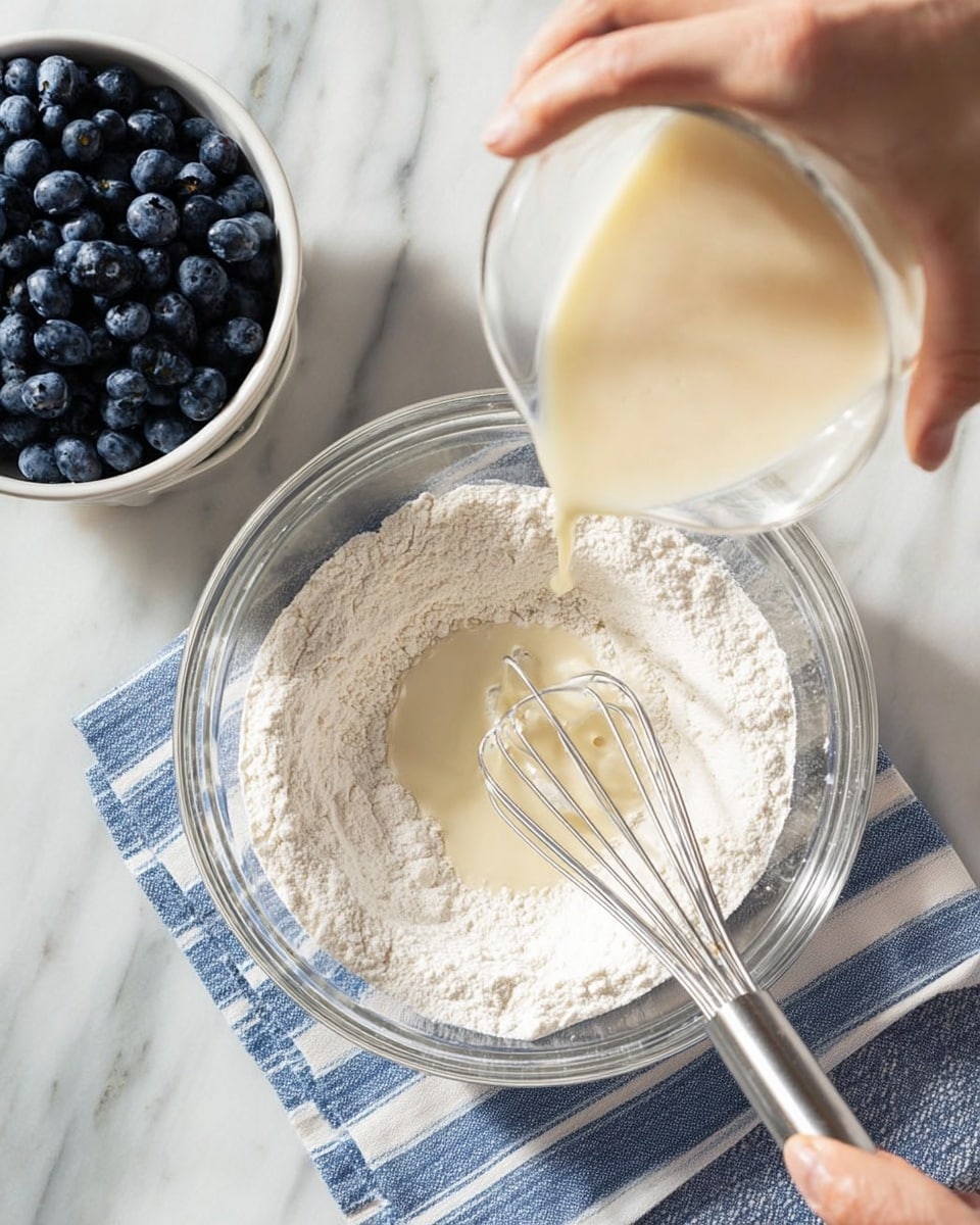 A clear glass bowl holds a dry white flour mixture with a small well in the center where a light beige liquid is being poured from another clear bowl positioned above it, while a woman's hand stirs with a metal whisk inside the flour mixture. To the top left is a white bowl filled with deep blue blueberries. All bowls are placed on a white marbled surface, with a blue and white striped cloth partially visible underneath the glass bowl. The scene is bright with natural light, showing soft shadows. Photo taken with an iphone --ar 4:5 --v 7