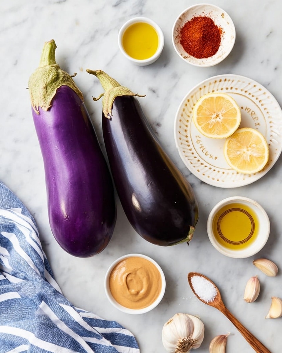 The image shows two whole eggplants, one vibrant purple and the other dark purple, placed on a white marbled surface. Around them are small white bowls holding red spice powder and golden olive oil. There is a white plate with small gold details, holding two lemon halves, and two garlic cloves placed nearby. A silver spoon holds a tan-colored creamy sauce. A wooden spoon with white salt is also present near the bottom right. A blue and white striped cloth is placed at the bottom left corner. Photo taken with an iphone --ar 4:5 --v 7