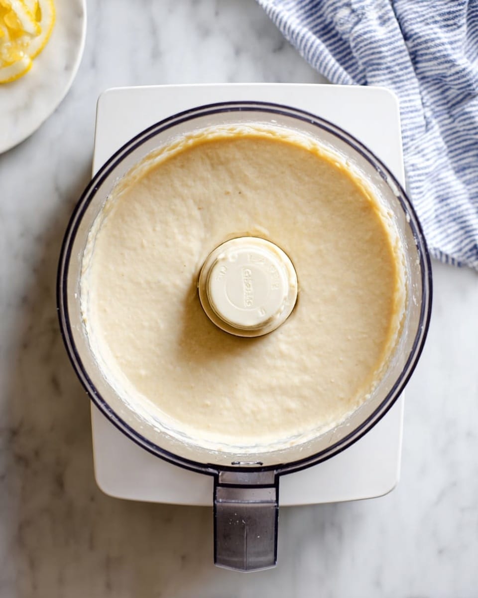 The image shows a top view of a food processor filled with a smooth, light beige batter. The batter covers the entire visible round area inside the transparent bowl, with a slightly textured surface. The food processor is white, placed on a white marbled surface. Part of a blue and white striped cloth is visible in the top right corner, and a small edge of a white plate with yellow slices is seen in the bottom left corner. Photo taken with an iphone --ar 4:5 --v 7
