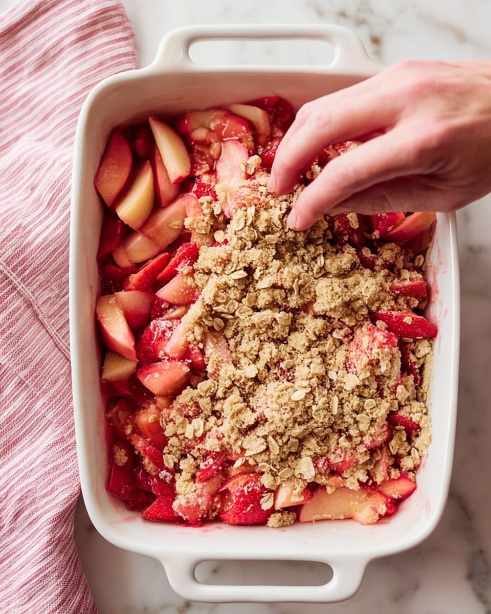 A white rectangular dish filled with two layers: the bottom layer is made of bright pink and red sliced fruit pieces, showing a mix of smooth and slightly soft textures; the top layer is an uneven crumbly mix of light brown oats and sugar scattered across the fruit. A woman's hand is visible in the right side of the image, spreading the crumbly topping gently. The dish is set on a white marbled surface with a pink and white striped cloth seen on the left edge. Photo taken with an iphone --ar 4:5 --v 7
