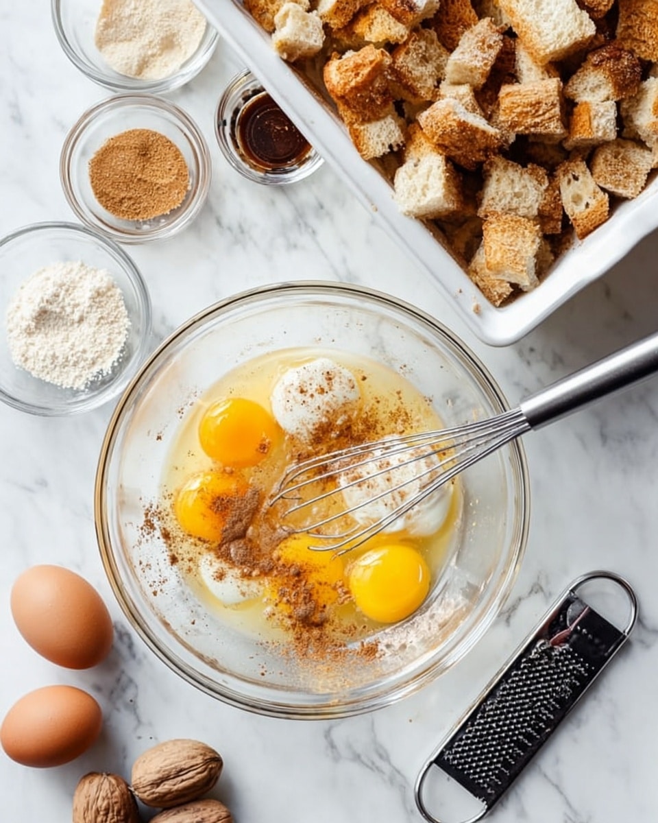 A clear glass mixing bowl sits on a white marbled surface, holding four cracked eggs with bright yellow yolks and clear whites. Ground spices, including cinnamon and nutmeg, are sprinkled over the eggs, and a silver metal whisk rests inside the bowl. Above the mixing bowl, there is a white rectangular dish filled with chunky bread cubes that have golden brown edges. Around the bowls on the surface are small glass bowls containing light brown sugar, dark cinnamon powder, and a liquid vanilla extract bottle. A black metal grater with a textured handle lays horizontally near two whole nutmegs. The background remains a clean white marble. Photo taken with an iphone --ar 4:5 --v 7