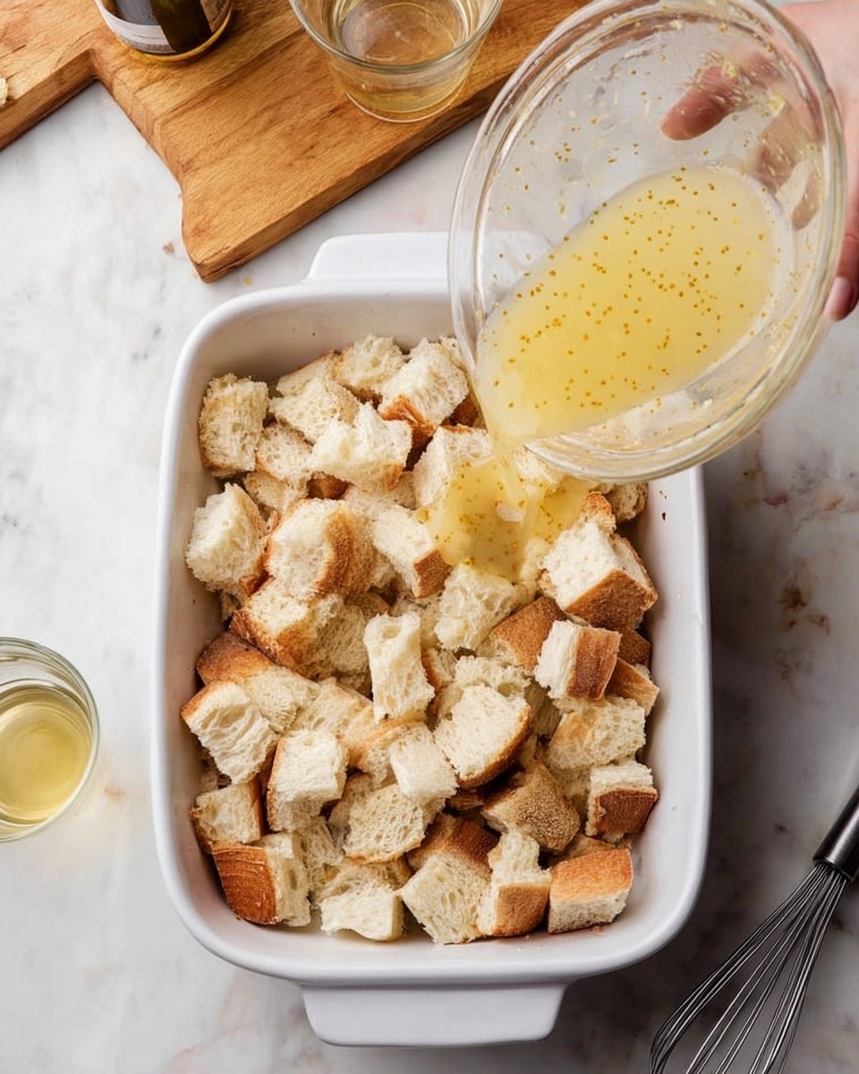 A white rectangular baking dish filled with large chunks of white bread with light brown crust, arranged loosely and unevenly. A woman's hand is pouring a light yellow liquid mixture with tiny brown specks over the bread from a clear bowl tilted over the dish. The dish is placed on a white marbled surface with a wooden cutting board above it, and a glass cup partially filled with a light-colored liquid and a small bottle with a black lid nearby. A metal whisk lies beside the dish. photo taken with an iphone --ar 4:5 --v 7