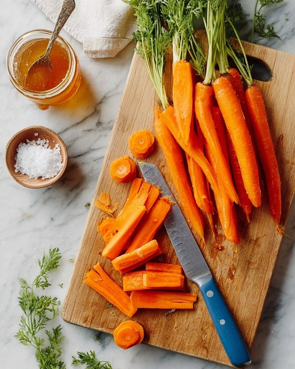 A wooden cutting board is placed on a white marbled surface, holding a bunch of fresh, bright orange carrots with green tops mostly intact, arranged horizontally near the top right. Several carrot slices with a smooth, shiny texture are scattered on the board below, some thin and some thicker, showing vivid orange color. A large knife with a blue handle lies on the board, aligned diagonally, with carrot pieces resting on and around it. In the upper part of the scene, a jar of amber honey with a spoon inside stands next to a small bowl filled with coarse white salt, adding contrast. Some loose carrot greens are also partially spread at the edges around the cutting board. photo taken with an iphone --ar 4:5 --v 7