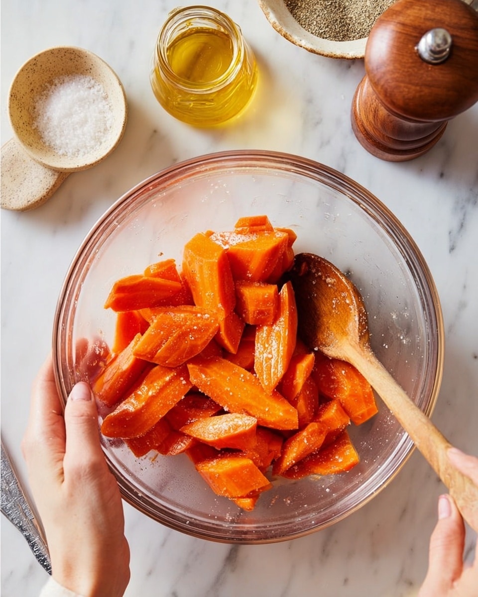 A clear glass bowl holds bright orange carrot pieces, roughly sliced into large chunks with a slightly glossy texture, suggesting they are coated with oil and seasoning. A woman's hand holds the bowl steady while another woman's hand stirs the carrots with a wooden spoon inside the bowl. Around the bowl on the white marbled surface, there is a small jar of honey with a clear spoon inside, a bottle of golden oil, a small light beige bowl filled with coarse salt, and a wooden pepper grinder. The scene has a clean and fresh look with warm natural light, showing a simple and colorful vegetable preparation photo taken with an iphone --ar 4:5 --v 7