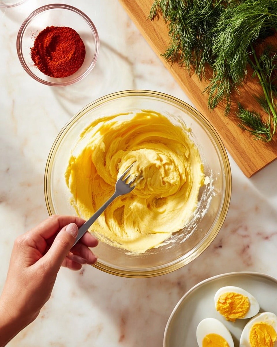 A clear glass bowl filled with a smooth, light yellow mixture being mashed with a fork held by a woman's hand. The bowl is placed on a white marbled surface. To the top left, there is a small clear glass bowl with bright red powder, and fresh green dill on a wooden cutting board. On the right side, a white plate holds three halves of hard-boiled eggs with the yolks removed. The scene is bright and natural. photo taken with an iphone --ar 4:5 --v 7
