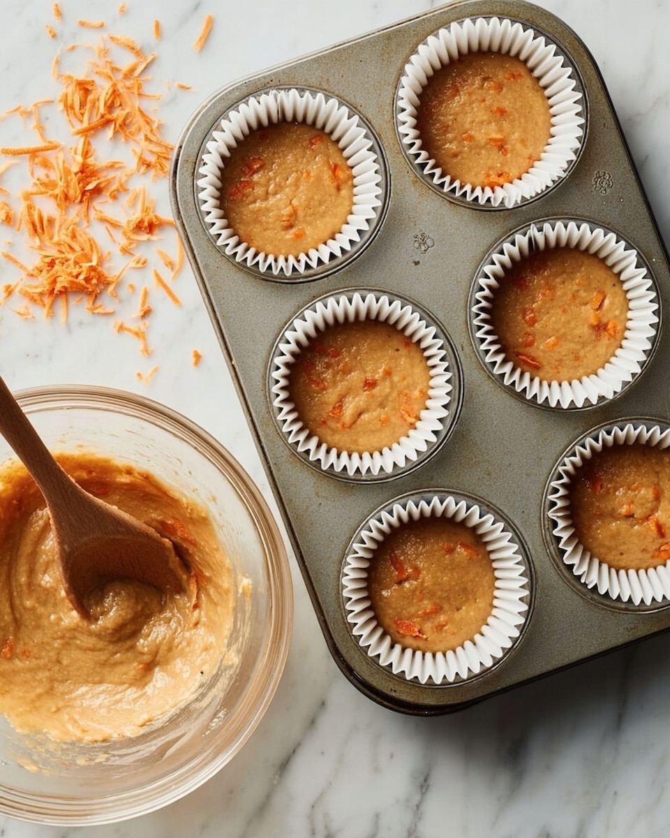 A metal muffin tray with six sections lined with white paper cups sits on a white marbled surface. Three of the cups are filled with light brown batter speckled with small orange pieces, and three cups remain empty. In the lower left corner, a transparent glass bowl holds more of the same batter with visible orange shreds, and a wooden spoon rests inside the bowl with batter coating its tip. To the left of the tray, small piles of orange shreds are scattered on the surface. photo taken with an iphone --ar 4:5 --v 7
