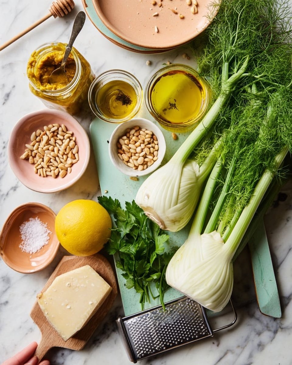 The image shows fresh ingredients on a white marbled surface. There are two large white fennel bulbs with green stalks and feathery leaves on the right side. Below them is a small bunch of bright green parsley. Near the center, there's a small white bowl filled with light beige pine nuts. A yellow lemon sits to the left of the bowl. Above the lemon, an open jar of thick yellow mustard has a spoon inside, next to a small glass container of golden oil. To the left of these jars is a small pink bowl filled with coarse salt. At the top left corner, there is a small jar of honey with a spoon resting inside. A pale peach ceramic plate is partially visible on the top right. Near the bottom center, a block of pale off-white cheese with a small metal grater rests on the surface. A woman’s hand holds the grater. photo taken with an iphone --ar 4:5 --v 7