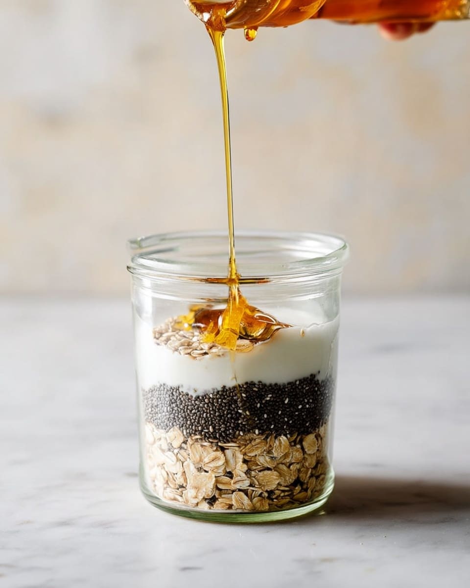 The image shows a clear glass jar with three distinct layers inside, placed on a white marbled surface. The bottom layer is made of light brown rolled oats with a rough texture. Above it, there is a thick layer of small black chia seeds creating a dark, grainy contrast. The top layer is white and smooth yogurt that partially covers some of the chia seeds. A thin stream of golden honey is being poured from above, cascading down into the jar, adding a shiny, sticky element to the mix. The background is softly blurred with a white marbled texture, and a woman's hand holding the honey container is partially visible at the top of the frame. Photo taken with an iphone --ar 4:5 --v 7
