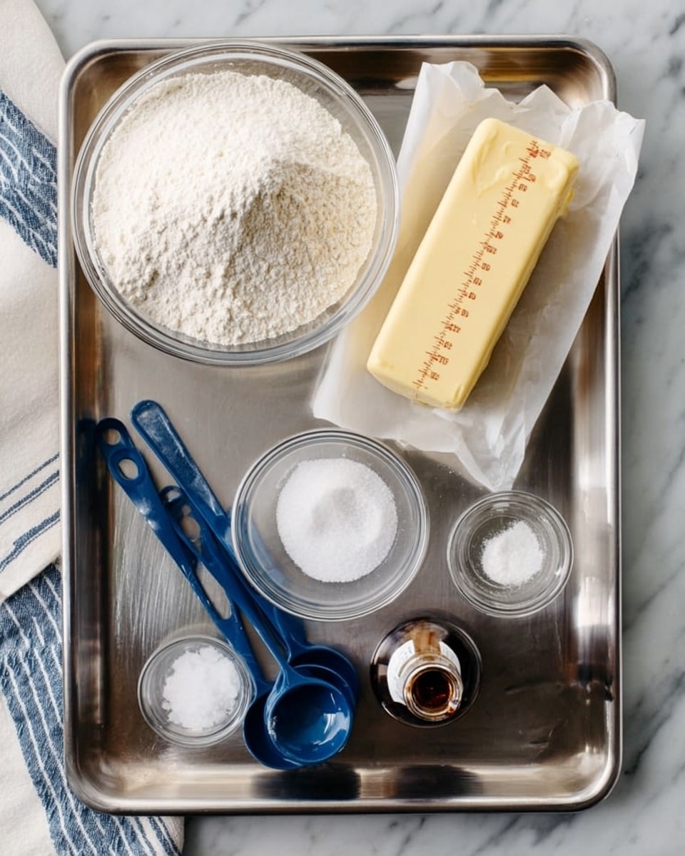 A metal tray holds several baking ingredients arranged neatly. On the left side, there is a clear glass bowl filled with white flour piled high. Above it, there is an open bar of pale yellow butter wrapped in white paper on the silver tray. To the right of the butter, a beige stick of butter with measurement markings is placed horizontally. Next to it, a small metal container filled with white granulated sugar sits on the tray. Below the sugar, there are three blue measuring spoons stacked together, and in front of them, a small clear bowl with white salt is placed. A short bottle of vanilla extract with a dark brown top stands upright near the measuring spoons. The tray is on a white marbled surface, and a white cloth with blue stripes is partly visible on the left side. photo taken with an iphone --ar 4:5 --v 7