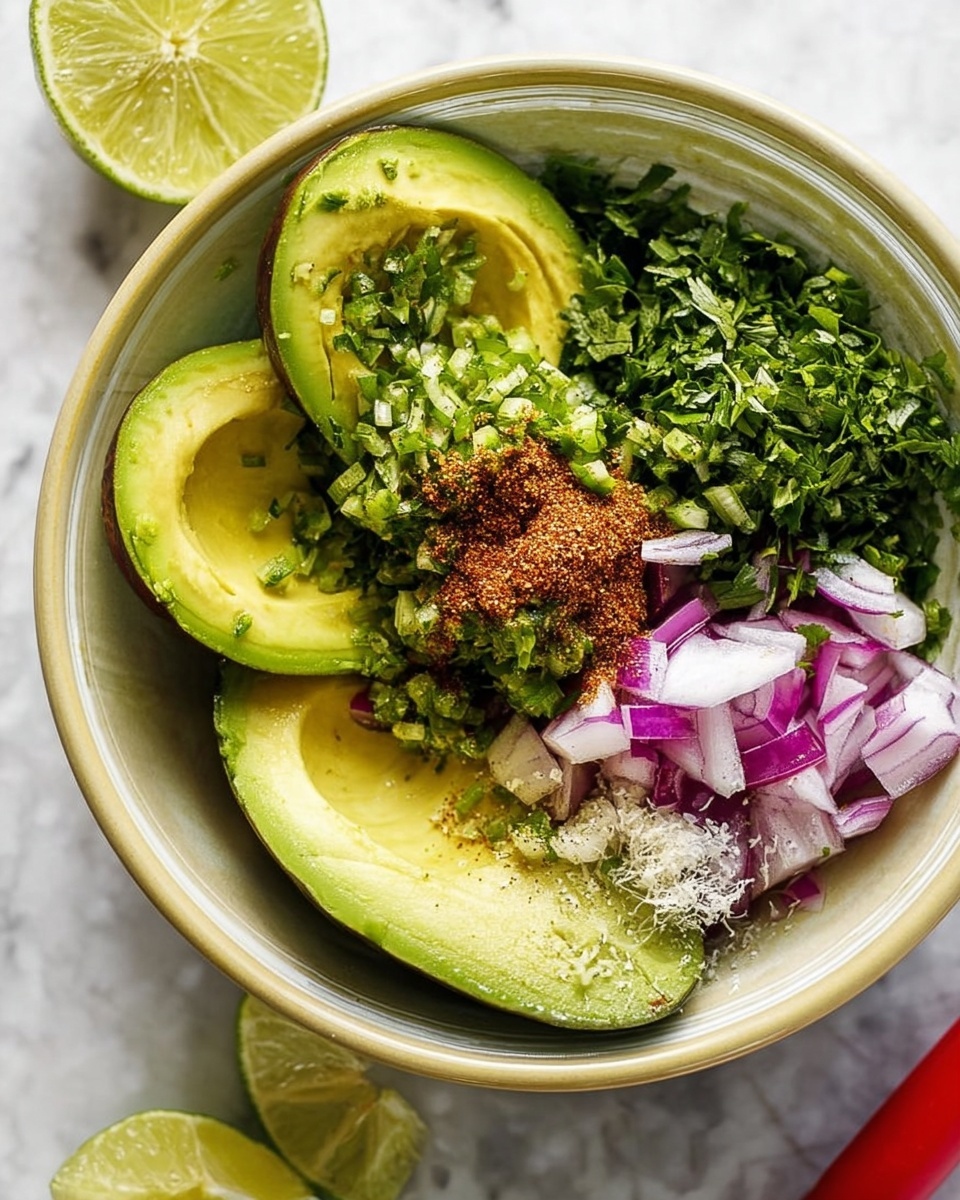 Best Guacamole Recipe 5 A white bowl on a white marbled surface contains four avocado halves with bright green flesh. On top of the avocados are layers of finely chopped green herbs, small green diced peppers, ground brown spices placed on one avocado half, finely chopped purple onions, white sea salt flakes, and green grated rind, all arranged neatly. A red utensil and a squeezed lime half are partially visible near the bowl. Photo taken with an iphone --ar 4:5 --v 7