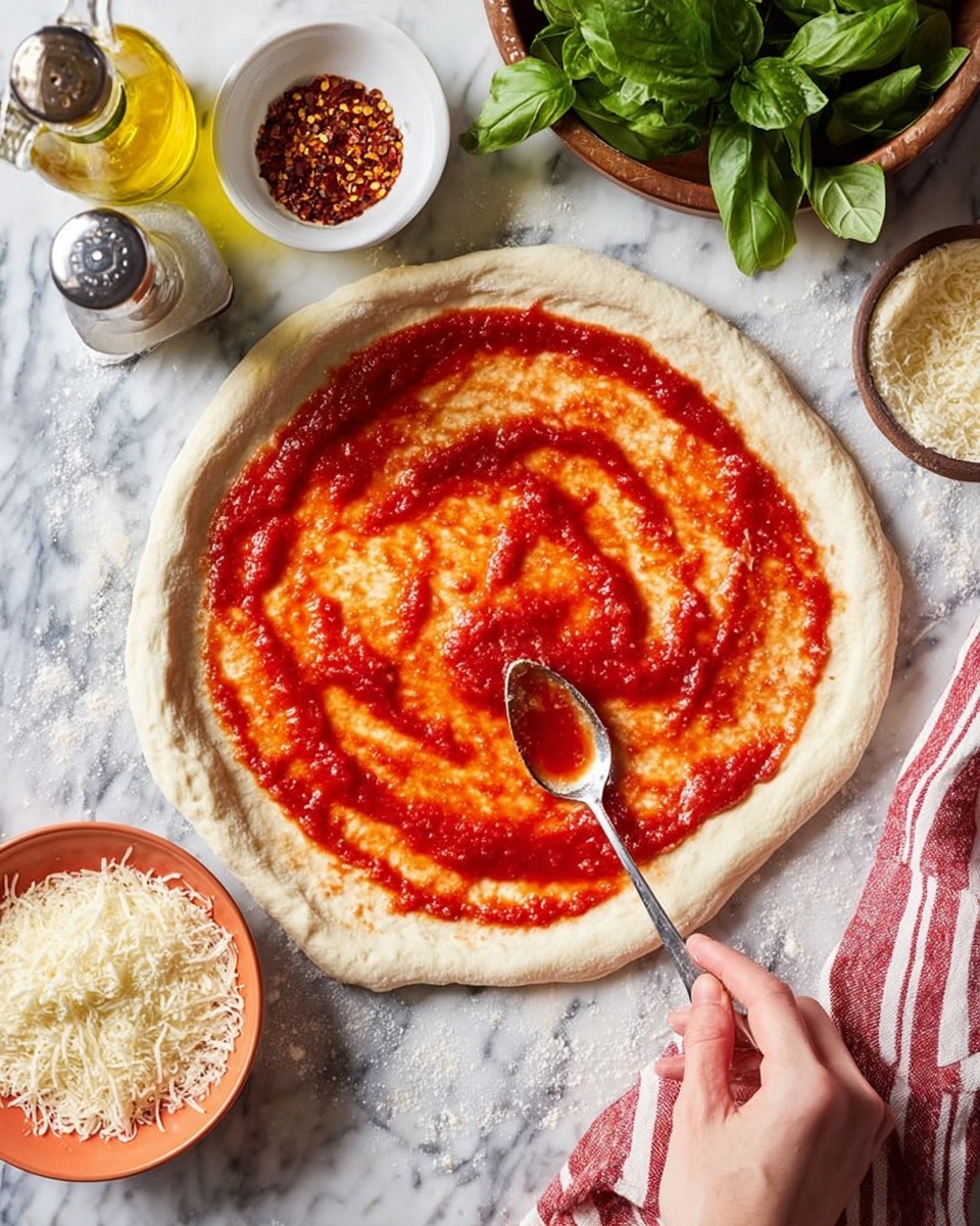 A round pizza dough on a white marbled surface is being spread with bright red tomato sauce using a spoon held by a woman's hand at the bottom right. The dough has a raised, light beige edge with a smooth texture and the sauce is unevenly spread, leaving some gaps that show the dough beneath. Around the pizza, there is a small white bowl with red pepper flakes, fresh green basil leaves on an orange plate, a silver shaker, a bottle of olive oil, and a brown bowl filled with grated cheese. The scene has a casual, homemade feel with a red and white striped cloth nearby. photo taken with an iphone --ar 4:5 --v 7