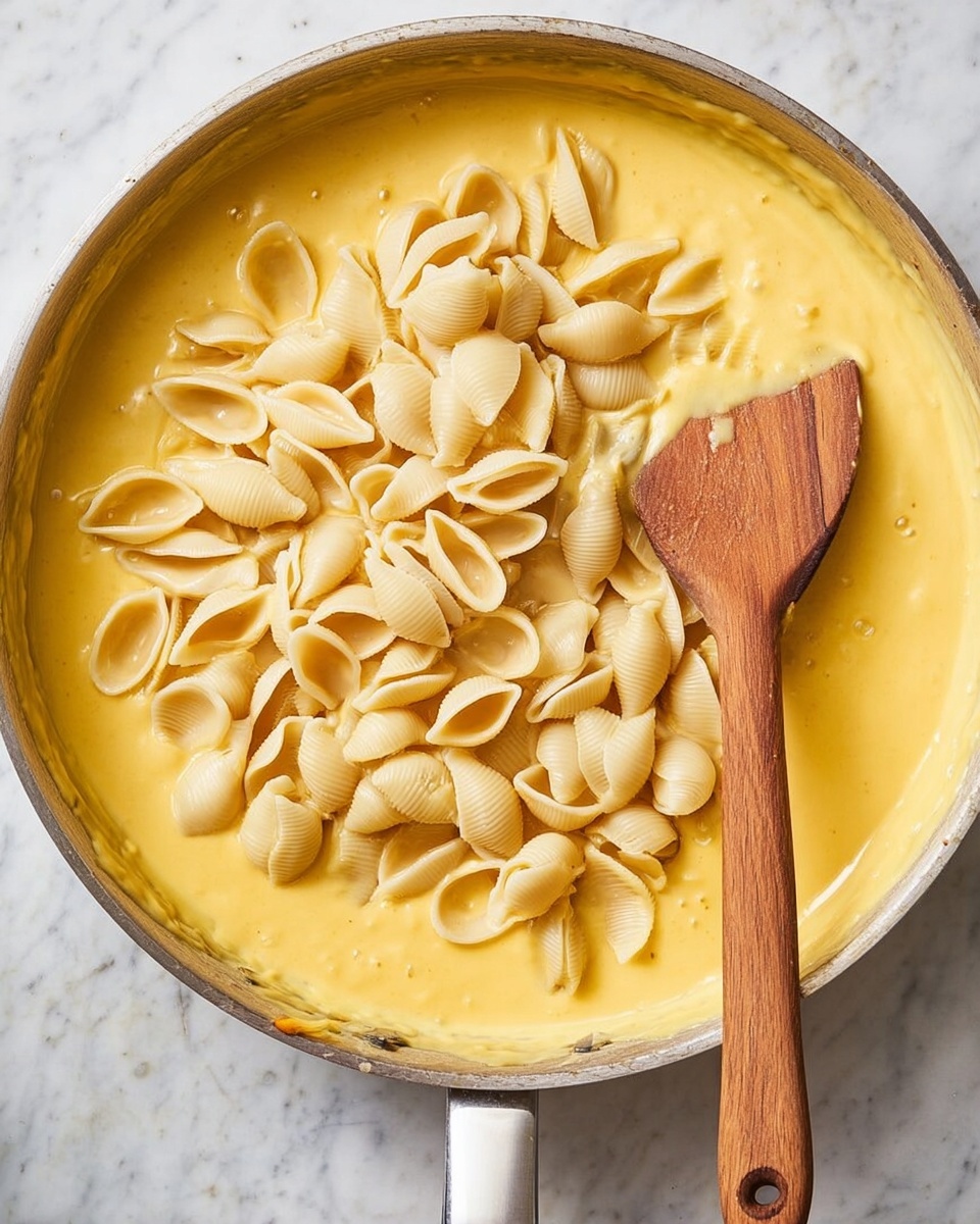 The image shows a large pan with a creamy yellow cheese sauce covering the bottom, with a pile of pale beige pasta shells placed on top in the center. A wooden spoon with a long handle and a slightly curved tip rests diagonally on the right side of the pan, partially covered in the sauce. The pan sits on a white marbled surface that adds a soft, light background to the scene. The cheese sauce has a smooth texture and bright color, while the pasta shells are dry and firm, ready to be mixed. photo taken with an iphone --ar 4:5 --v 7