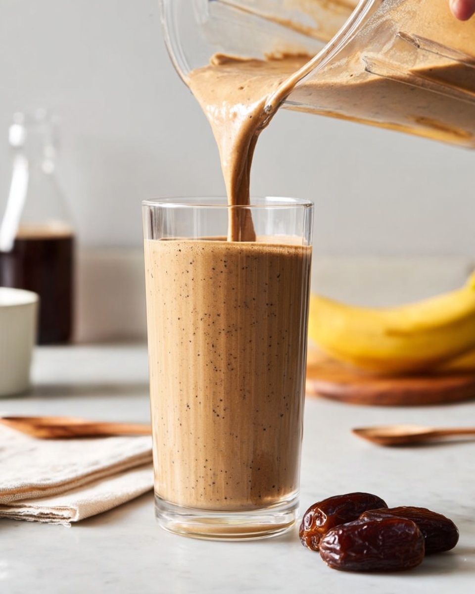 Coffee Smoothie with Bananas and Almond Butter Recipe 5 A tall clear glass filled with a thick, light brown smoothie that has small darker specks. The smoothie is being poured from a transparent blender jar into the glass from the top right. The bottom layer in the glass is smooth with a creamy texture and consistent color. The setting is on a white marbled surface with two dark brown dates on the right and a bunch of bananas and two wooden spoons blurred in the back left. There is a glass bottle with dark liquid and a white cup partially seen in the background, all on a clean, bright surface. Woman's hand holds the blender jar. photo taken with an iphone --ar 4:5 --v 7