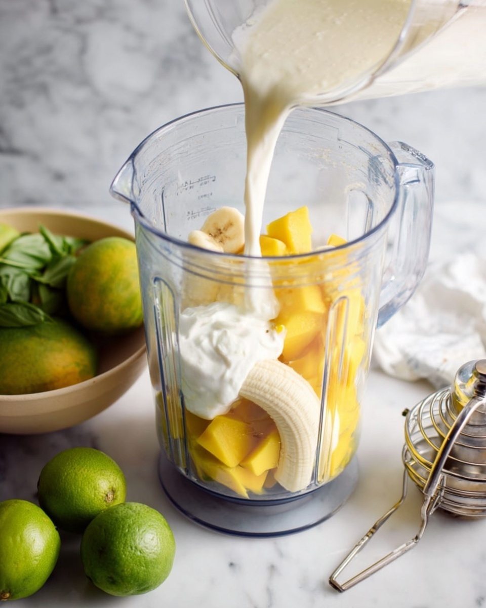 Creamy Mango Banana Smoothie with Lime and Mint Recipe 5 A clear blender jar filled with several layers: the bottom layer shows a peeled whole banana with pale yellow color, next are chunks of bright yellow mango scattered around, topped with a dollop of thick white yogurt. A thick white liquid, likely milk, is being poured into the blender from a white container on the right side. The blender is set on a white marbled surface, with a metal citrus juicer below and three whole bright green limes to the left. A beige bowl with green basil leaves sits nearby. Photo taken with an iphone --ar 4:5 --v 7