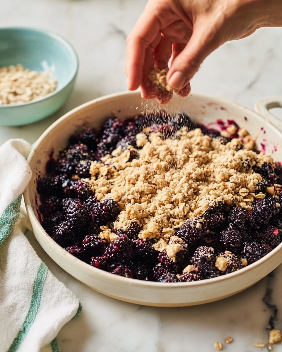 Blackberry Crisp with Oat and Walnut Topping Recipe 5 A white enamel pan filled with a base layer of whole dark purple blackberries, topped with an uneven layer of light brown crumbly oat mixture. A woman's hand is sprinkling the oat topping onto the berries from the right side. The scene is set on a white marbled surface with a white and green striped cloth nearby, and a light blue bowl with more oat topping partially seen in the upper left corner. The image is bright and natural. photo taken with an iphone --ar 4:5 --v 7
