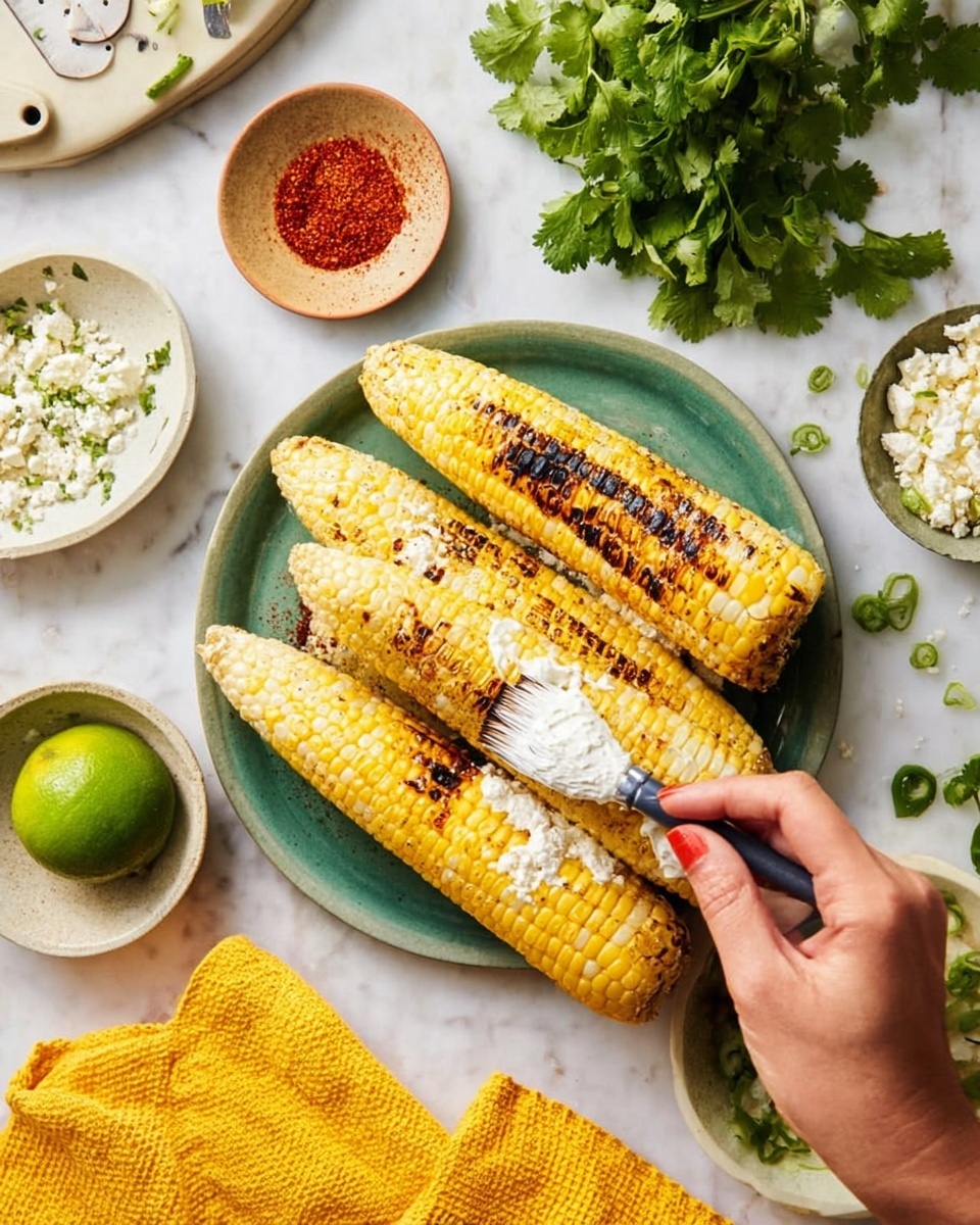 The image shows four pieces of grilled corn on a round green plate on a white marbled surface. The corn has a mix of yellow and light brown colors from grilling, with some charring marks visible. A woman's hand is holding the corn while another woman's hand uses a brush to spread a white creamy sauce on one piece of corn. Surrounding the plate are small bowls, one with red powder (likely chili powder), one with white cheese crumbles, and another containing a creamy dip with green herbs. A white citrus juicer with a partially squeezed lime and a green lime are also on the surface next to fresh cilantro leaves. A yellow textured cloth is placed near the bottom of the frame. Photo taken with an iphone --ar 4:5 --v 7