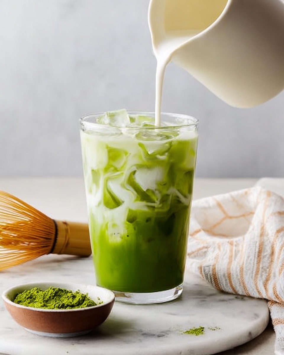 Iced Matcha Latte Recipe 5 A clear glass filled with a bright green iced matcha drink sits on a white marbled surface. The drink has a mix of vibrant green matcha with ice cubes inside and white milk being poured from a light cream-colored pitcher into the glass, creating swirling white patterns blending into the green liquid. Next to the glass is a light wooden matcha whisk, a white cloth with beige stripes, a brown and cream colored bowl, and a small white plate holding some green matcha powder. The background is a simple light gray with a soft texture. Photo taken with an iphone --ar 4:5 --v 7