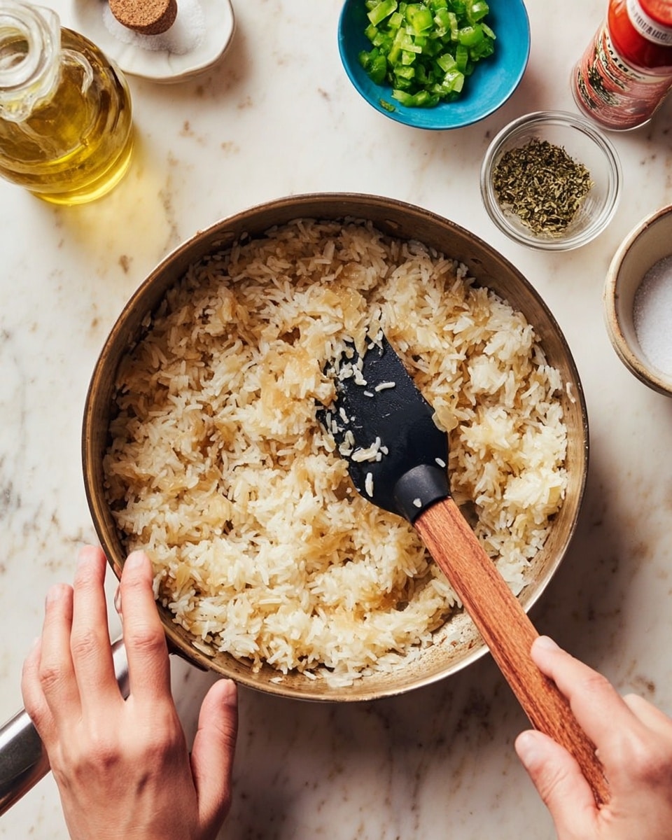 A metal pan filled with cooked rice that looks soft and slightly sticky, with some small pieces of onion mixed in. The rice is light brown and white, covering almost all the pan except a small section in the middle where the pan bottom is visible. A wooden-handled black spatula is held by two woman's hands, pressing slightly into the rice as if stirring or scraping it. Around the pan, there is a white marbled surface with a small green bowl holding chopped green bell peppers, a small bowl with coarse salt, a blue bowl filled with dried herbs, a clear glass bottle with oil, a white ceramic container, and a partially visible tube of tomato paste. photo taken with an iphone --ar 4:5 --v 7