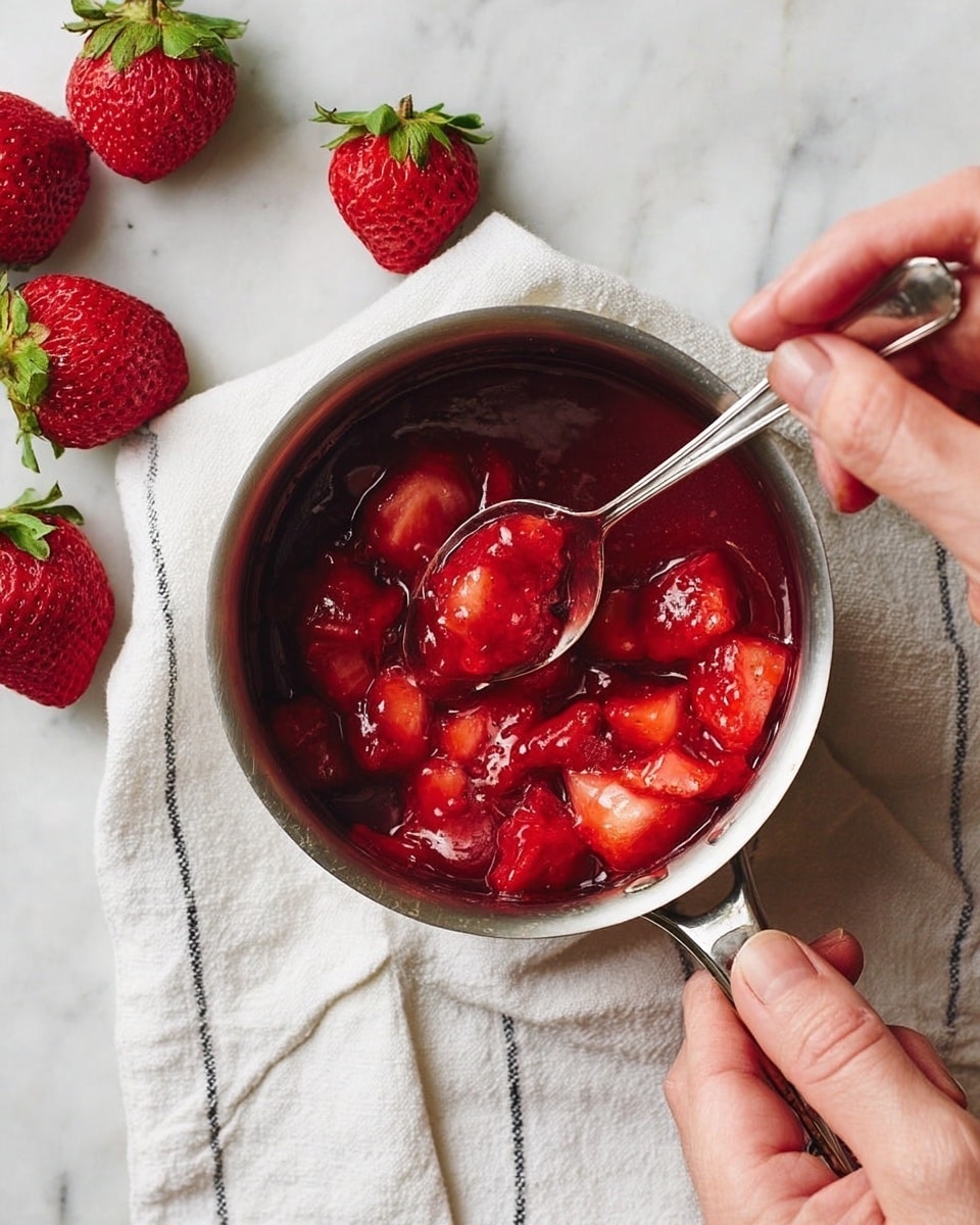 A close-up of a small metal pot filled with bright red strawberry chunks in thick syrup, stirred by a woman's hand holding a silver spoon inside the pot. The pot is held by the other woman's hand on the handle. Around the pot are several whole fresh strawberries with green tops, all placed on a white marbled surface. A white cloth with thin black stripes is partially visible under the pot. Photo taken with an iphone --ar 4:5 --v 7