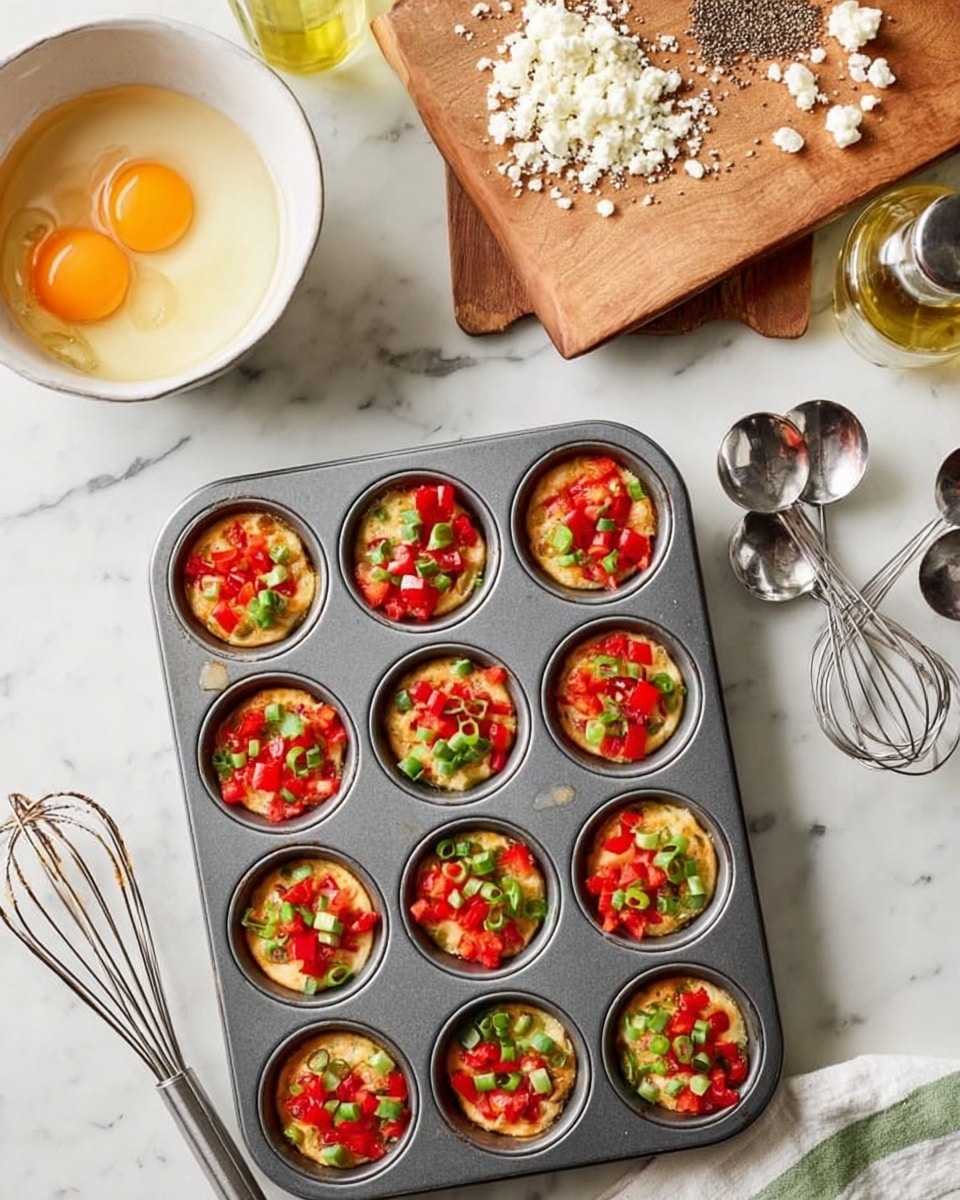 A grey metal 12-cup muffin tray sits on a white marbled surface, each cup filled with a layer of chopped red bell peppers and sliced green onions on top. To the left of the tray is a white bowl with raw eggs and ground black pepper mixed inside, next to a metal whisk. Above the tray, there is a wooden cutting board with crumbled white cheese and a few metal measuring spoons. A small glass bottle of oil is also placed near the bowl. Photo taken with an iphone --ar 4:5 --v 7